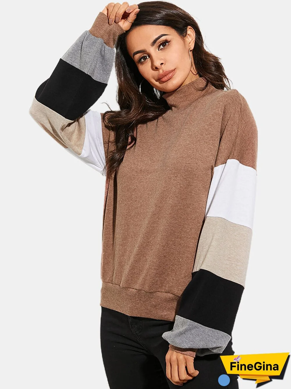 Contrast Color Mock Neck Long Sleeve Loose Sweatshirt