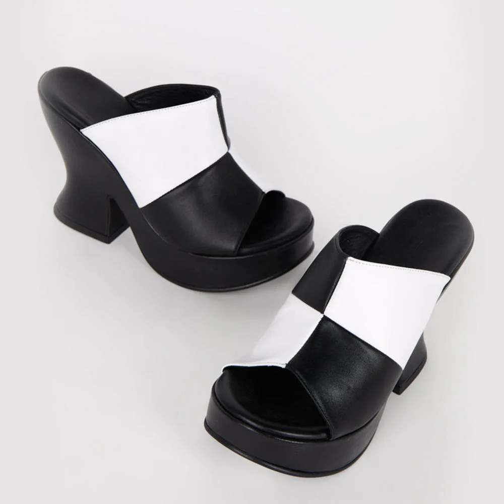 Black & White Round Toe Platform Wide Strap Mule Shoes for Women