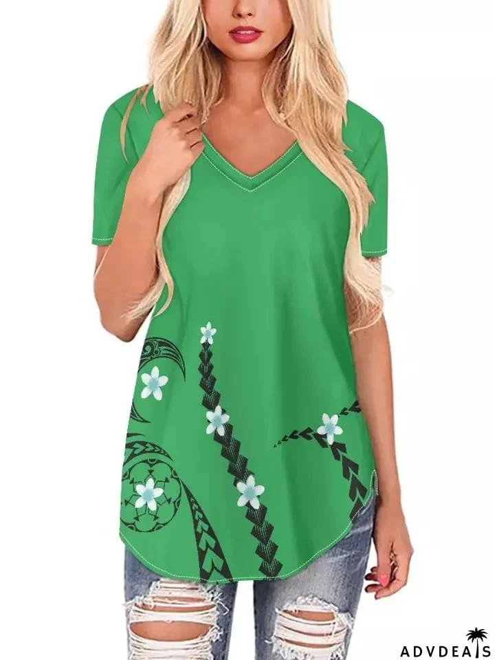 Women's Leisure Summer Printed V Neck Short Sleeve T-shirt