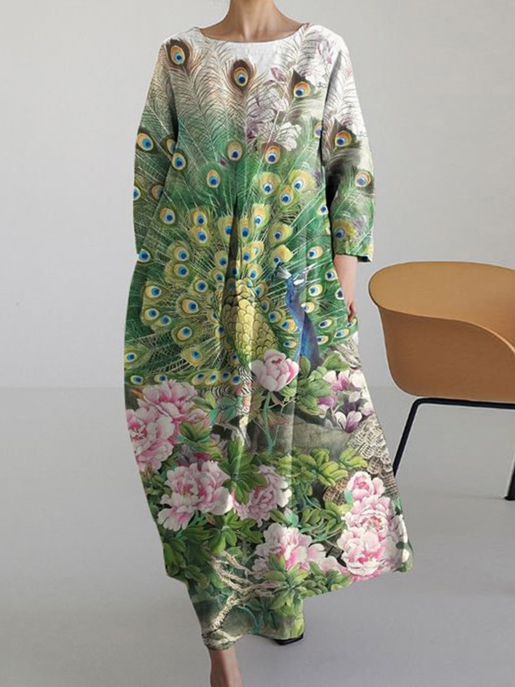 Comstylish Japanese Floral Peacock Art Vintage Long Sleeve Midi Dress