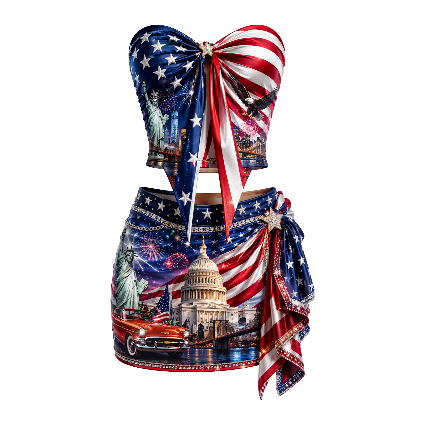 Women's Americana-style Printed Two-piece Set: Cropped Tube Top And Form-fitting Side-lace-up Mini Skirt; Beach Outfit. Avantcool