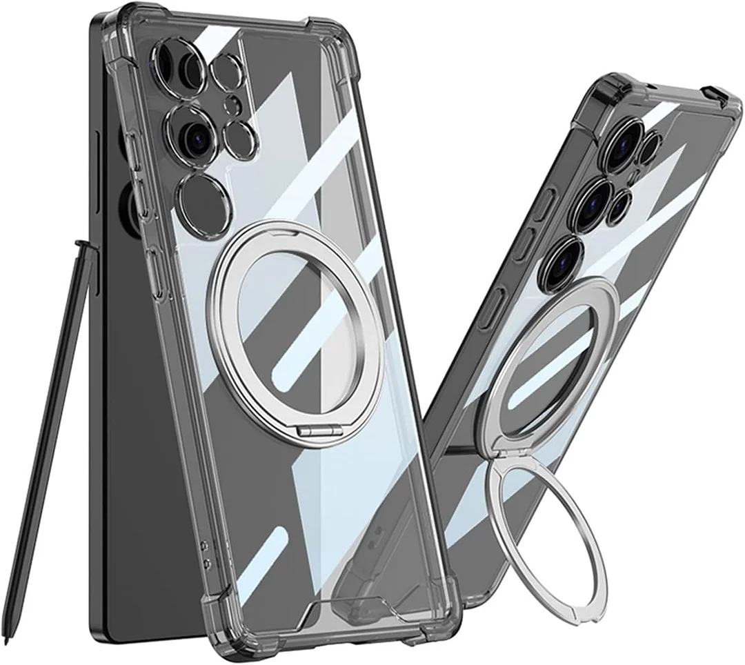 Case for Samsung Galaxy S25 Ultra, Clear Anti-Yellow PC Rugged Cover with Ring Holder Stand Shoockproof Phone Case,Black