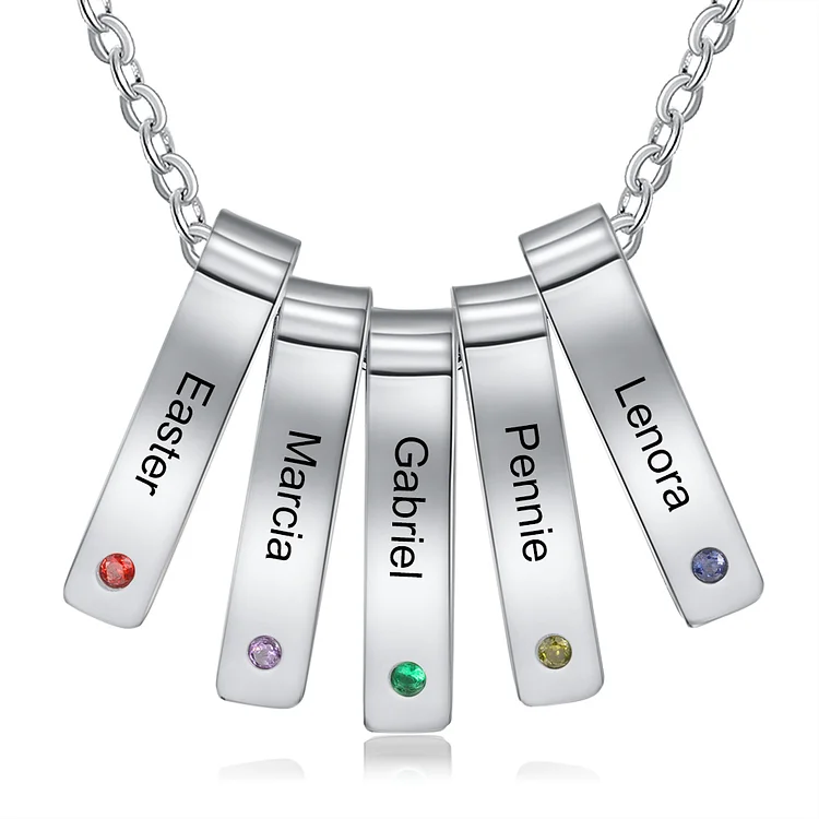 Personalized Bar Necklace Custom 5 Birthstones and Names Charm Necklace for Family