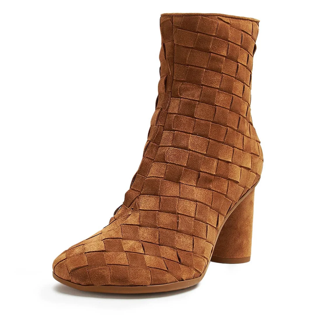 Brown Vegan Suede Cylinder Heel Woven Zipper Booties for Women
