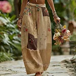 Women's Rose Floral Patchwork Casual Resort Linen Blend Pants - Image 6