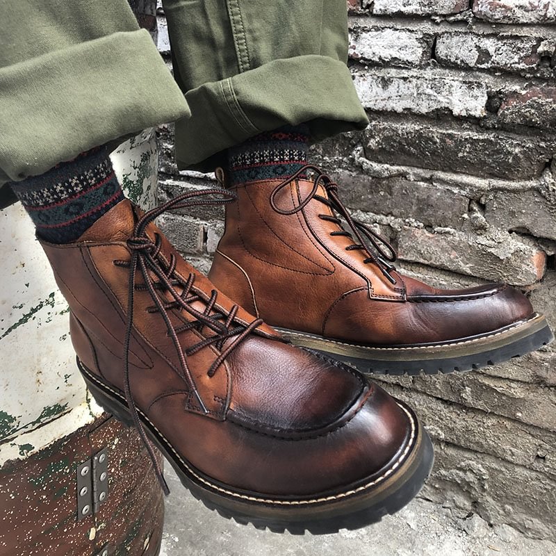 American Retro High Top Handmade Old Leather Ankle Boots Shoes