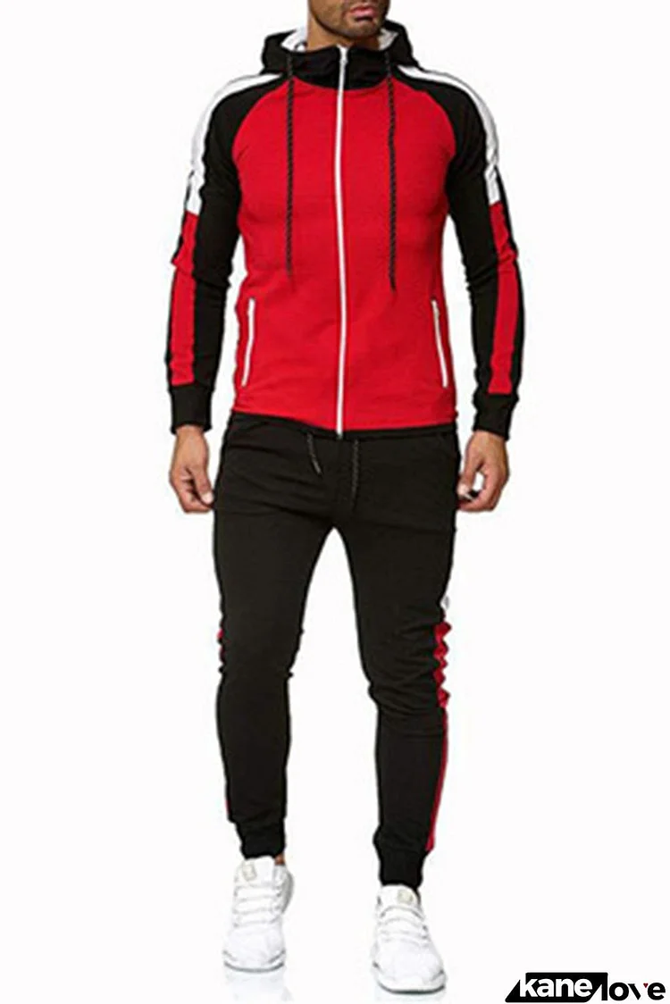 Men's Hooded Color Block Sweatshirt Sports Suit