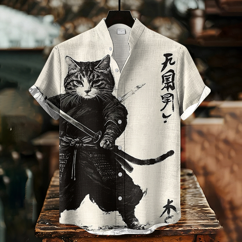 Men's Vintage  Japanese Art  Cat Print Casual Shirt  artssus