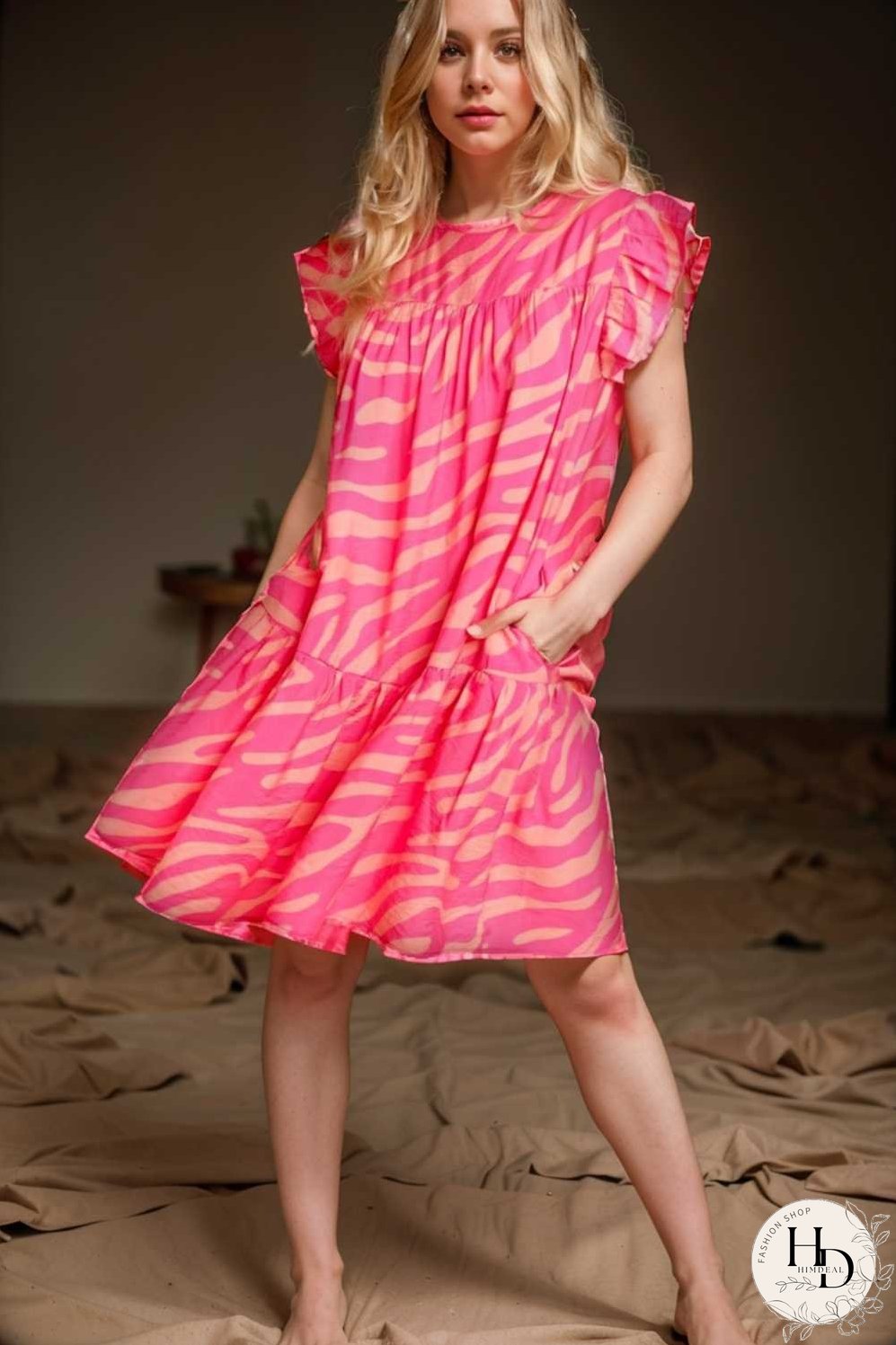 sloping shoulder ruffle print dress