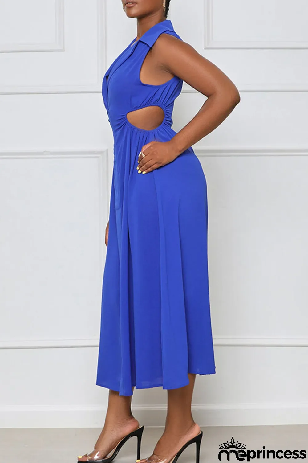 Blue Sexy Solid Hollowed Out Patchwork V Neck A Line Dresses