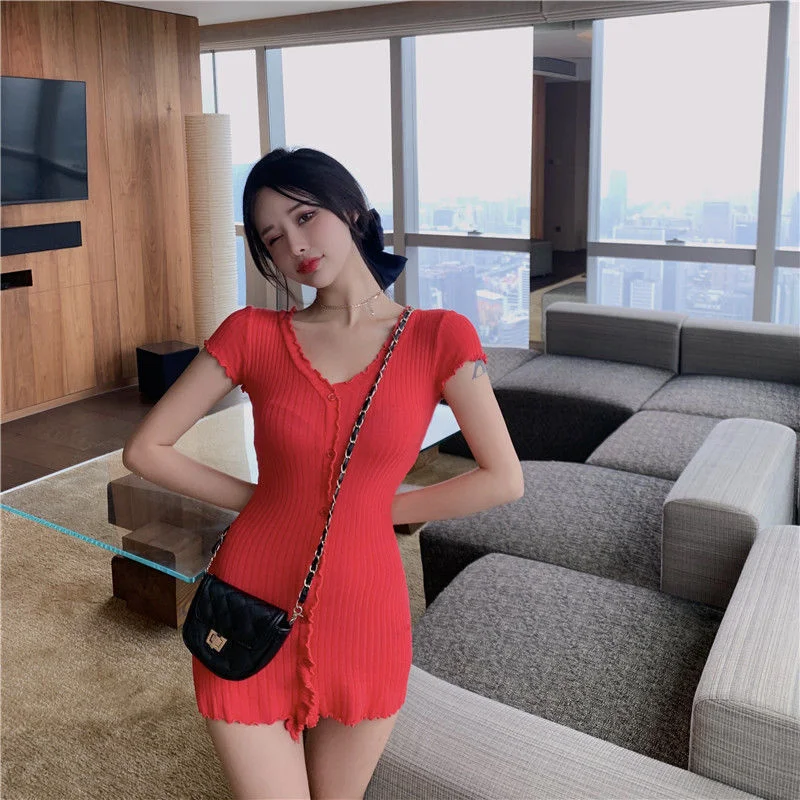 Uveng Sleeve Dresses Women Slim V-neck Button Mini Solid Summer New High Waist Sexy Sweet Holiday Korean Style Chic Club Hot Ins