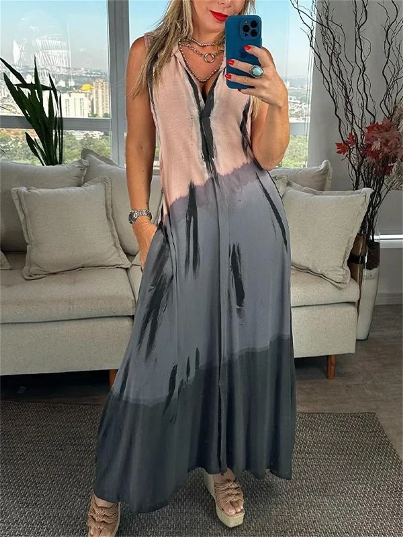 Women's Elegant Bohemian V- Neck Sleeveless Contrasting Colors Printed Tank Top Dress