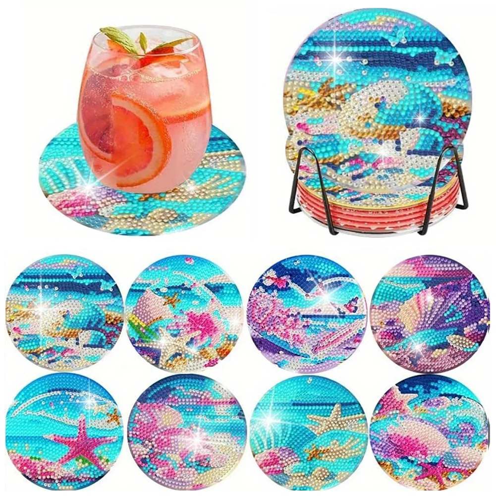 8pcs DIY Moonlit Scene Acrylic Single Sided Diamond Painting Art Coasters Kits with Holder