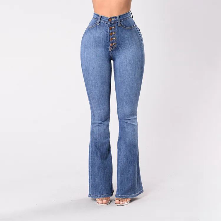 Classic Washed High-Rise Button Flared Jeans  artssus