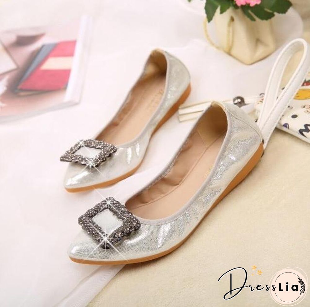 Crystal Ballet Flat Shoes Rhinestone Women Butterfly Pointed Toe Golden Shoes Flats
