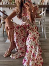 Lace-Up Floral Printed Puff Sleeves Maxi Dresses