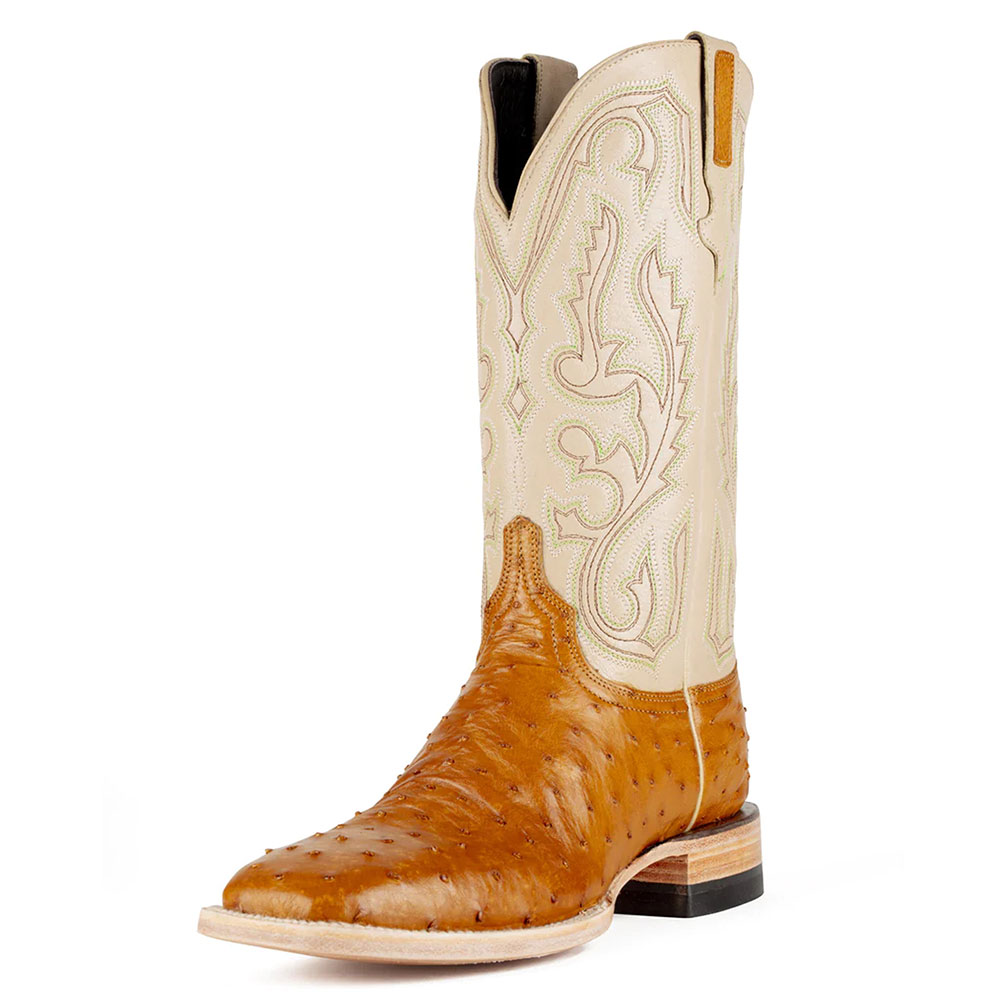 Beige & Tan Ostrich Embossed Mid-Calf Embroidered Cowgirl Boots Nicepairs