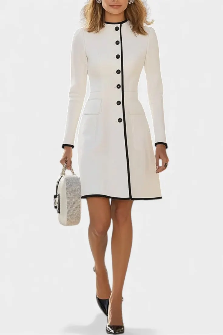 Structured Button-Front Sheath Dress with Contrast Trim