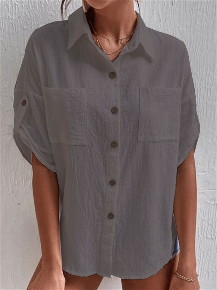 Women's Summer New Medium-sleeved Solid Color Pocket Lapel Single-breasted Loose Type Medium-length Cotton Linen Shirt