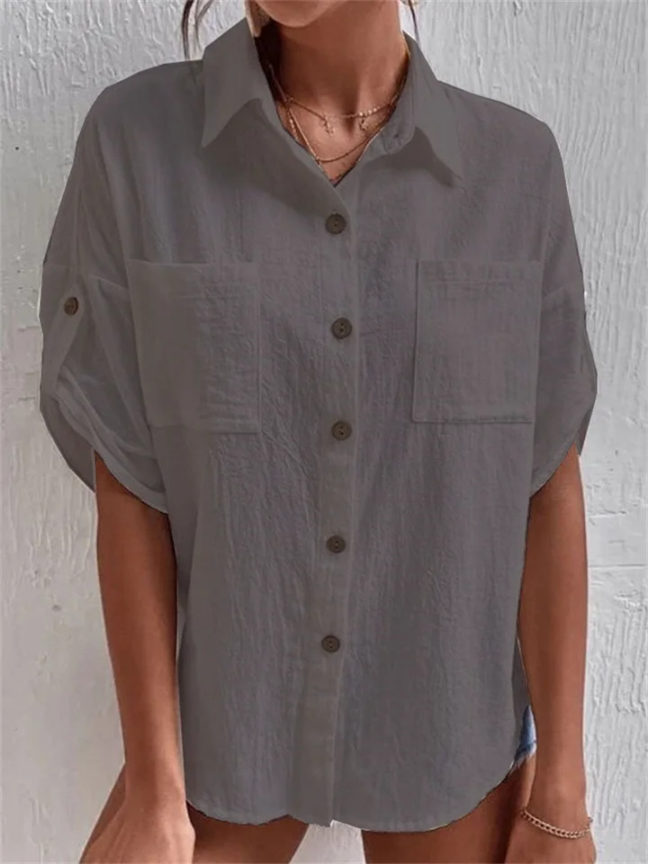 Women's Summer New Medium-sleeved Solid Color Pocket Lapel Single-breasted Loose Type Medium-length Cotton Linen Shirt