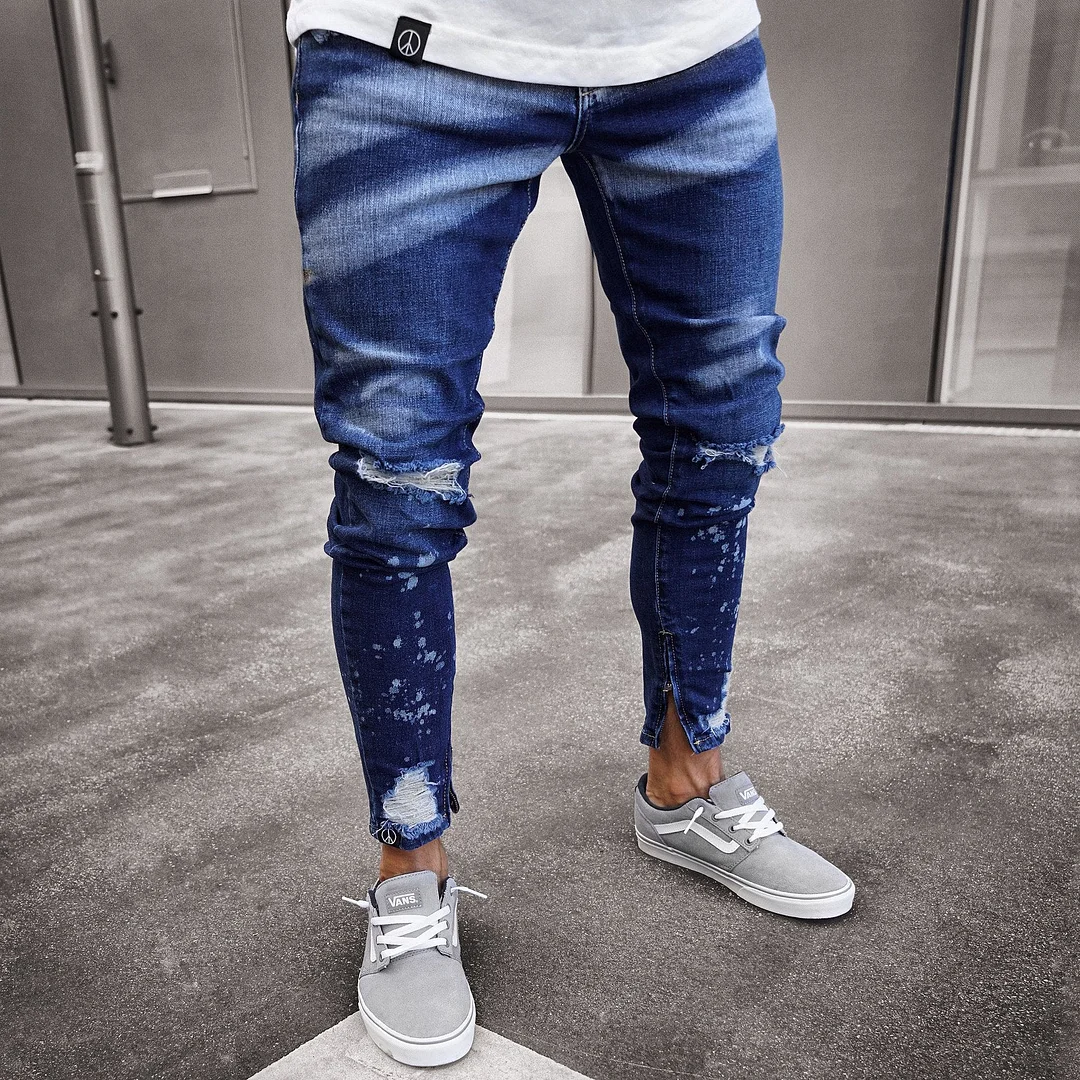 Ripped Holes Zipper Bottom Jeans