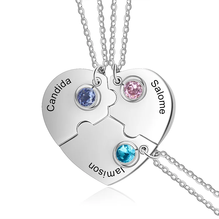 Personalized Heart Puzzle Necklace Custom 3 Birthstones Family Necklace