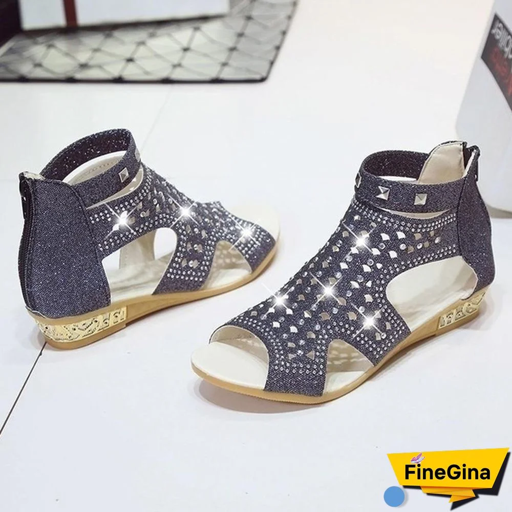 Summer Women's New Rhinestone Sandals Metal Hollow-out Roman Wedge Shoes