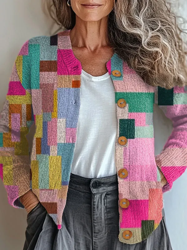 Vintage Abstract Geometric Art Print Buttoned Cardigan Sweater