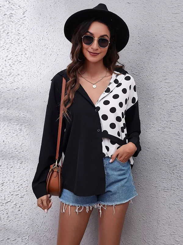 Casual Loose Long Sleeves Buttoned Contrast Color Polka-Dot Lapel Collar Blouses&Shirts Tops
