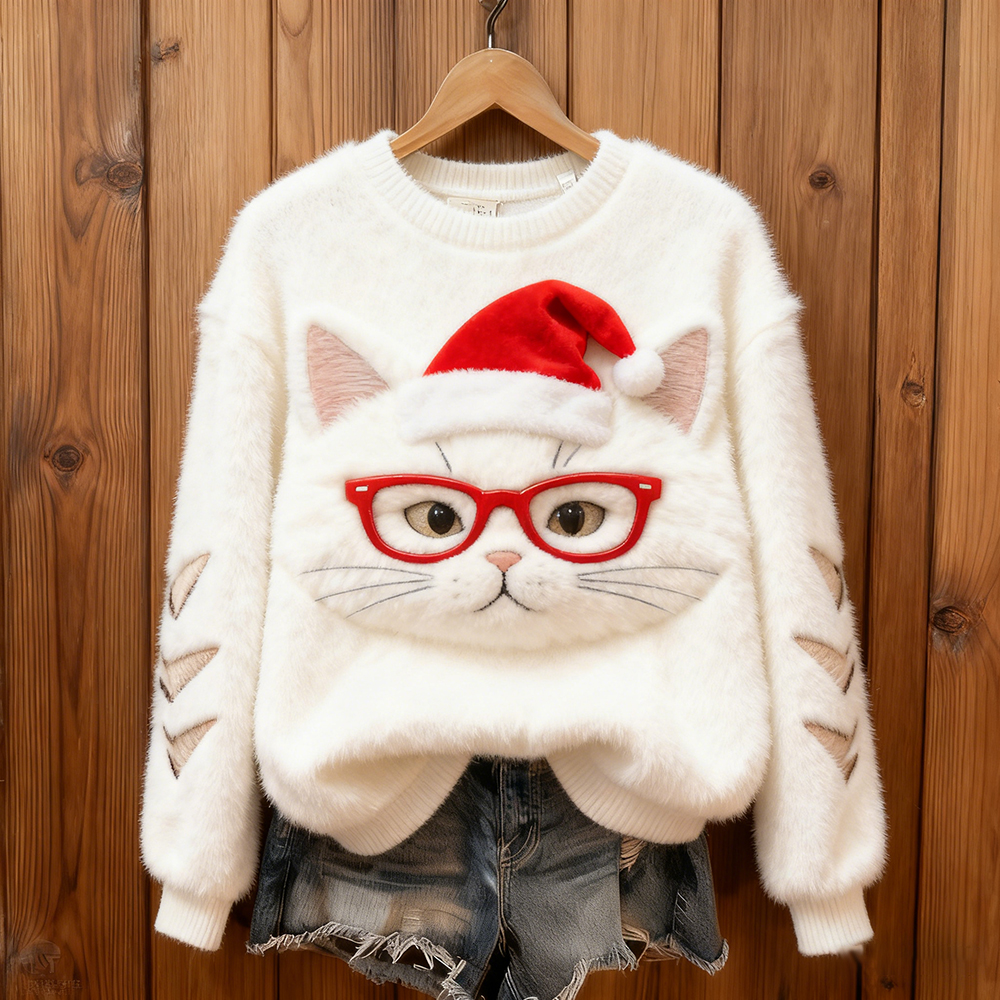 Christmas Santa Glasses Cat Flannel Crew Neck Sweatshirt elevenforest
