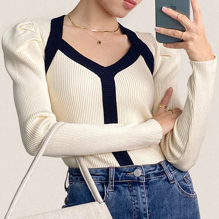Ivory Ribbed Contrast Trim Sweater QueenFunky