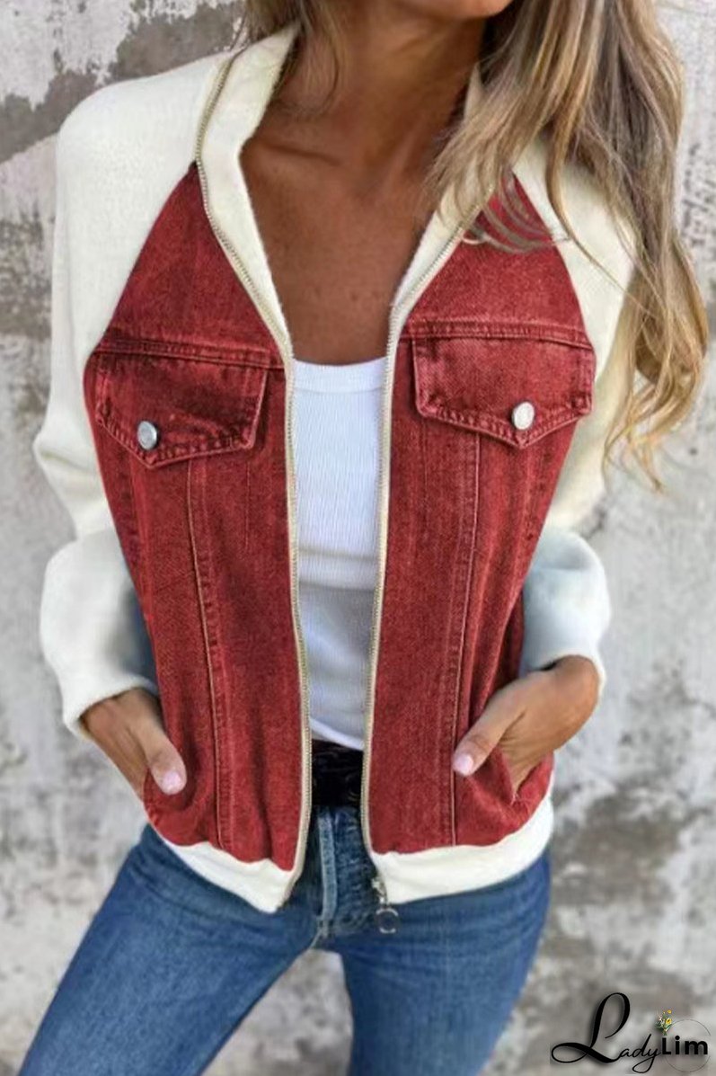 Casual Solid Color Patchwork Zipper Contrast Turndown Collar Outerwear(8 Colors)