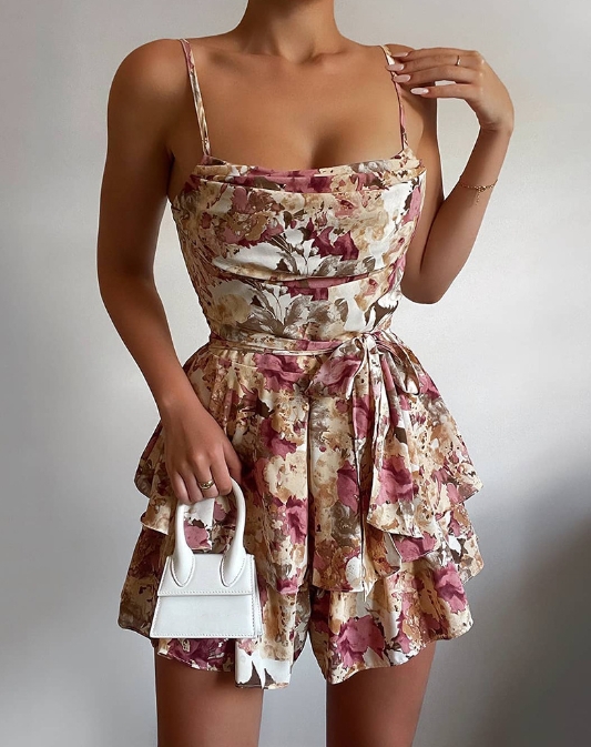 Short Jumpsuit 2024 Sexy Floral Print Cowl Neck Layered Ruffles Romper Summer Beach Sleeveless Above Knee Jumpsuit