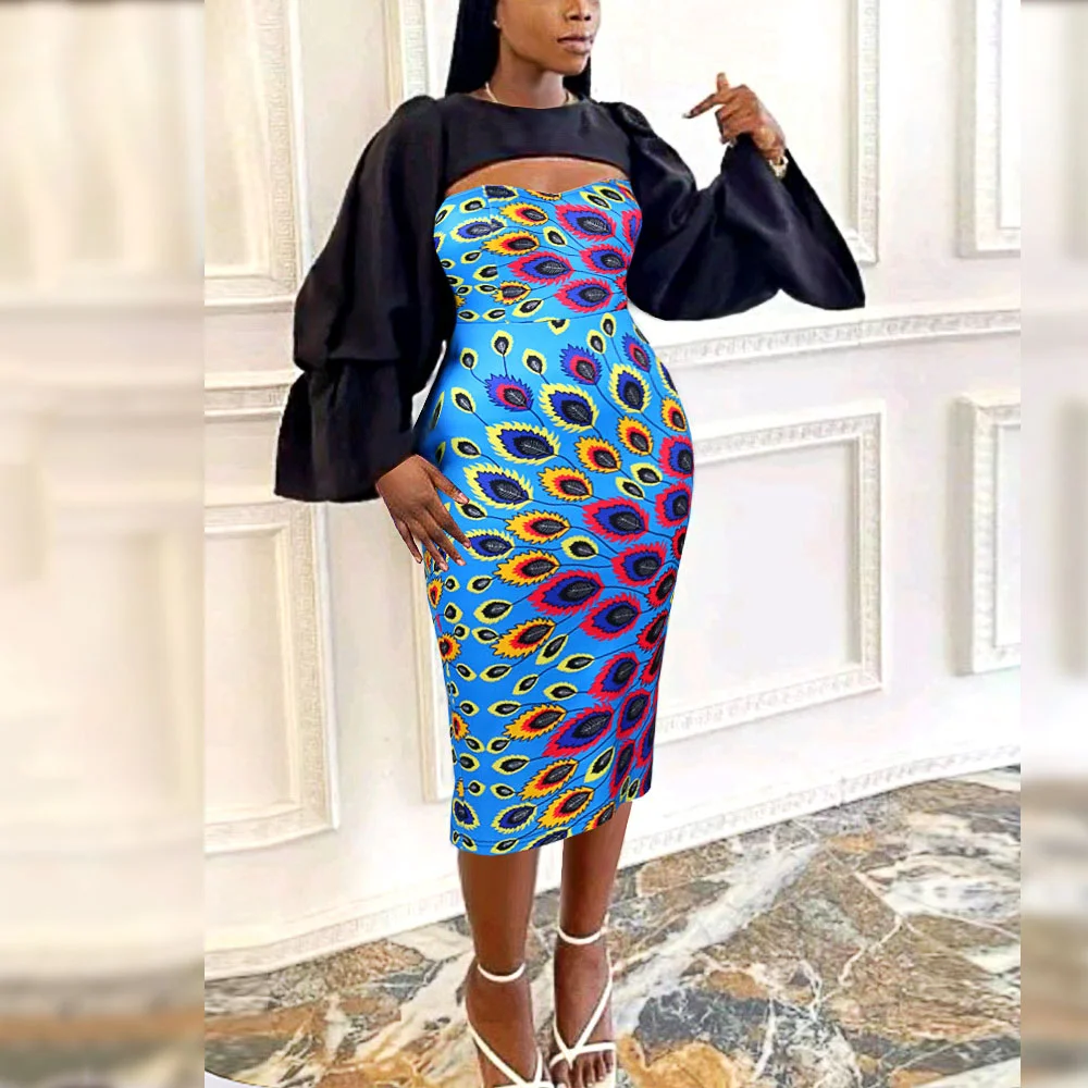 Colour Feather Printing Dresses Party Evening Lantern Sleeves Night Club Outfits For Women Hollow Out Bodycon Dresses