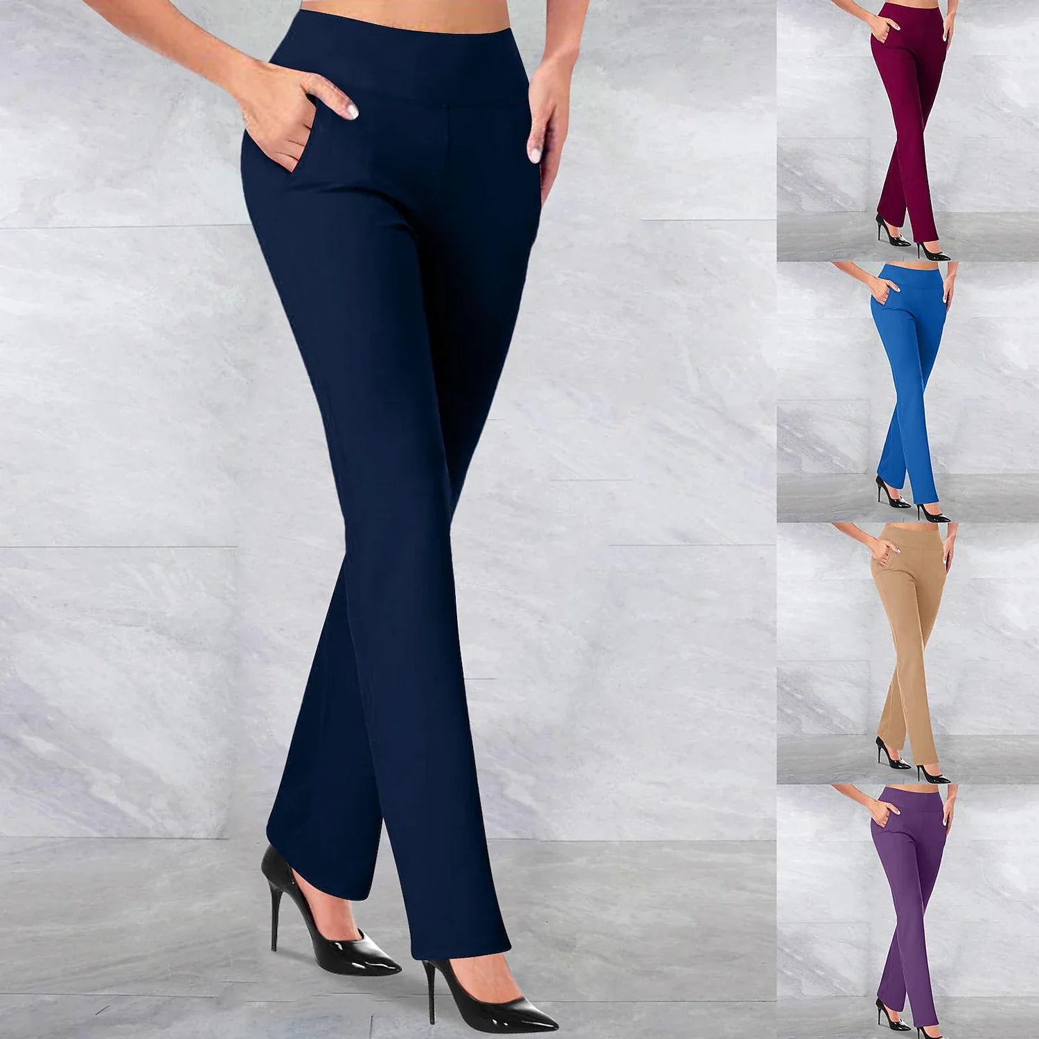 Womens Dress Work Casual Pants Trousers Straight Full Length Pocket Stretchy Daily Black