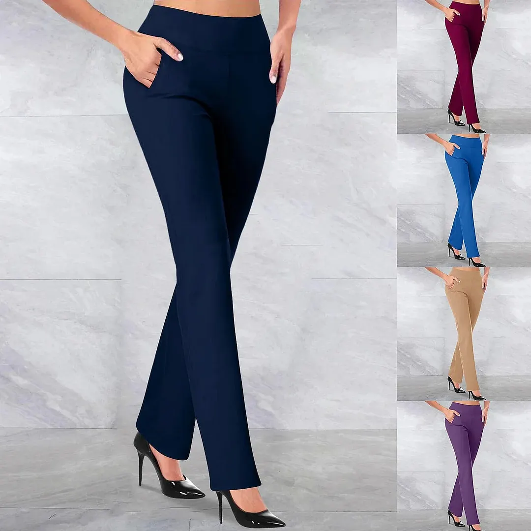 Womens Dress Work Casual Pants Trousers Straight Full Length Pocket Stretchy Daily Black