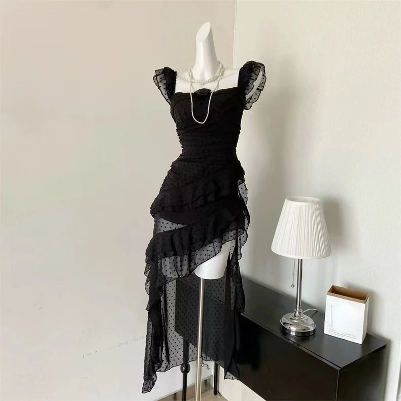 Aiertu 2024 Sweet Irregular Fairycore Dress Women Summer Vintage Mesh Lace Patchwork Korean Style Ruffles Elegant Midi Dresses Fashion Aiertu