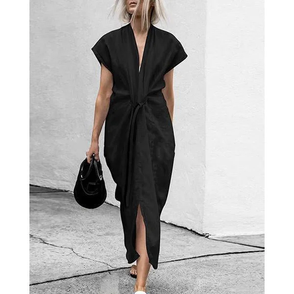 Solid V-Neck Split With Belt Plus Size Dress