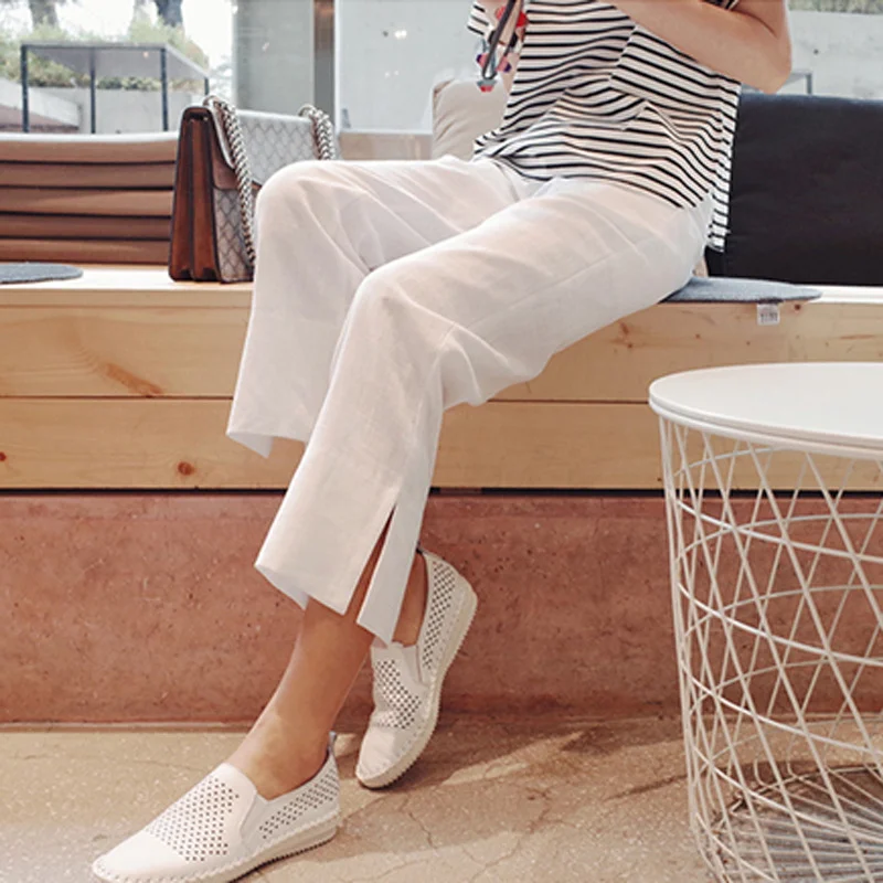 Uveng Uveng Chic Broad Leg Pants Women's Summer 2024 Korean Version Of High-Waisted Open-Fork Casual Cotton-Drall Nine-Point Straight Trousers