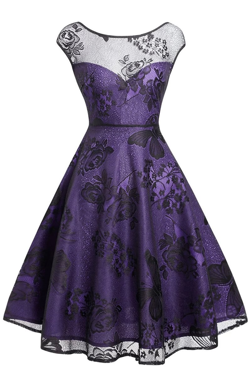 1950s Plus Size Purple 1950s  Mesh Floral Swing Dress