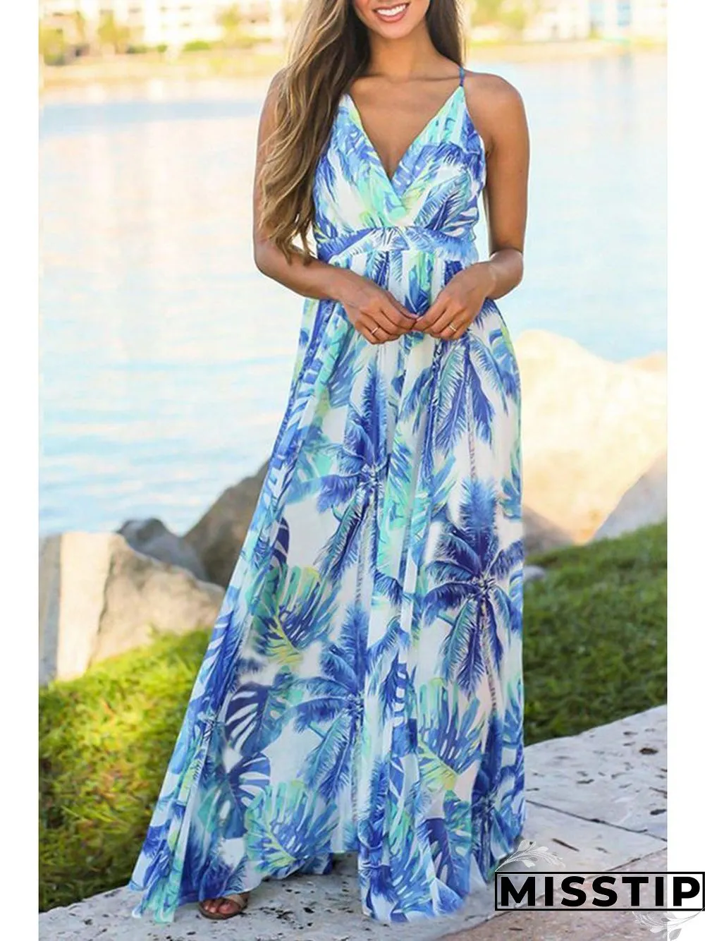 Beach Sling Leak Back Flower Print Maxi Dress P10165