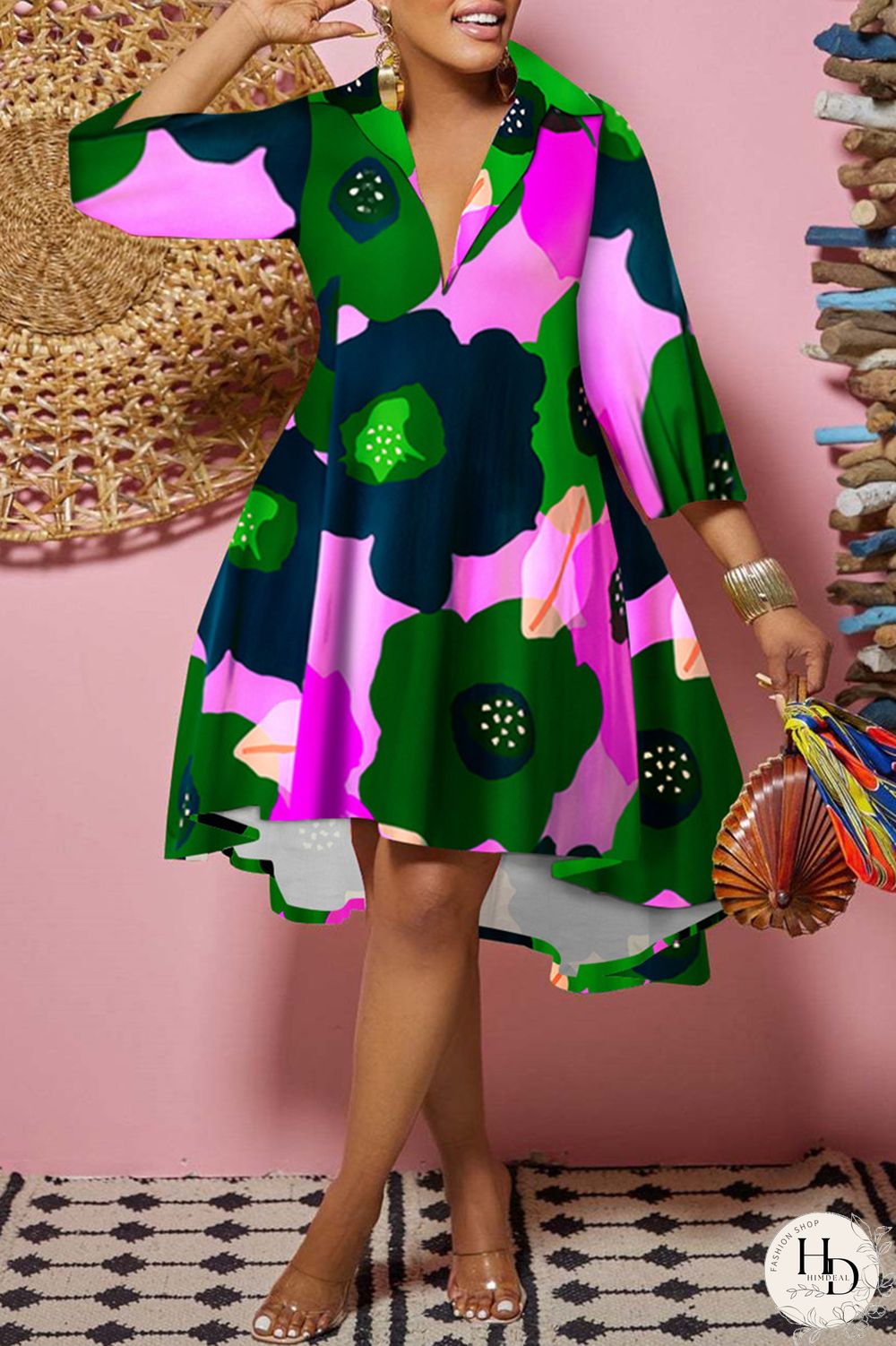 Camouflage Fashion Casual Print Patchwork Turndown Collar Shirt Dress