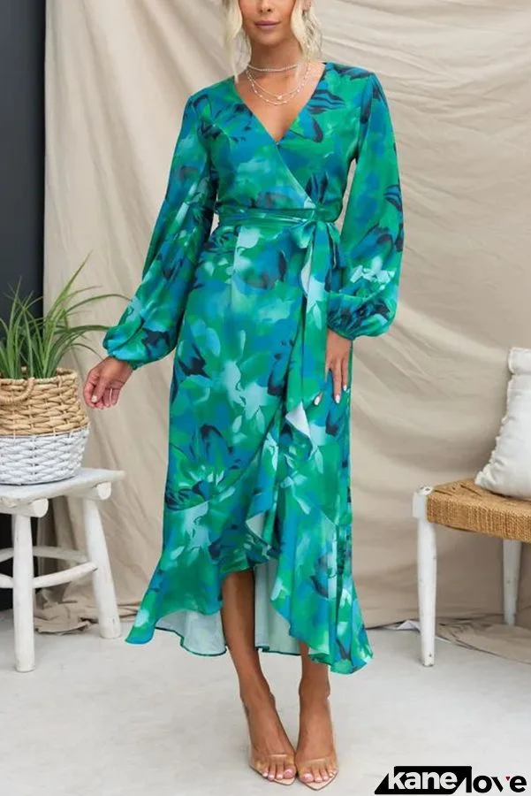 Colour Bloom Floral Print Wrap Belt High Low Maxi Dress