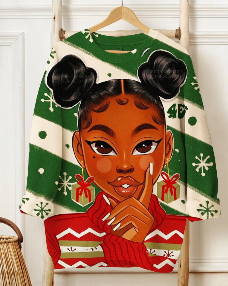 Women Black Girls Christmas Gift Printed Round Neck Sweatshirts