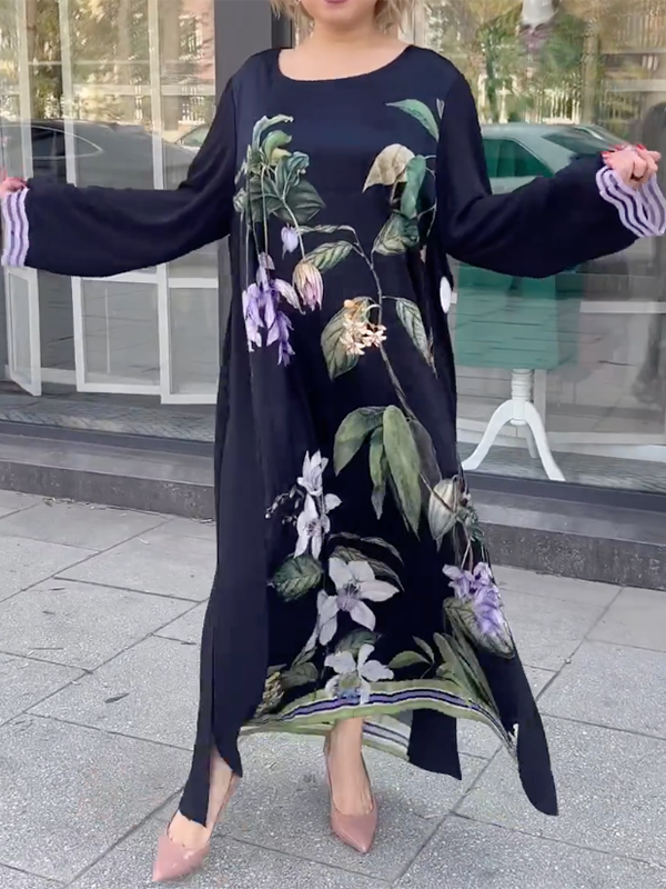 Floral Printed Long Sleeves Loose Round-Neck Maxi Dresses