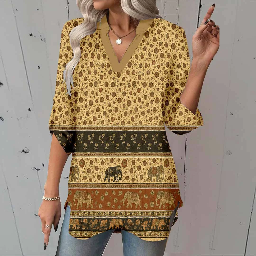 Women Bohemian,Black,Orange DZGA0299 3/4 Sleeve V-neck Printed Graphic Button Tops