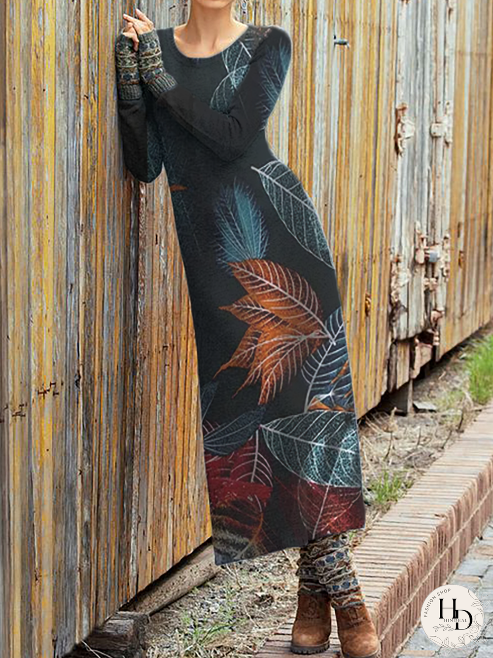 Plus size Leaves Printed Knitting Dress