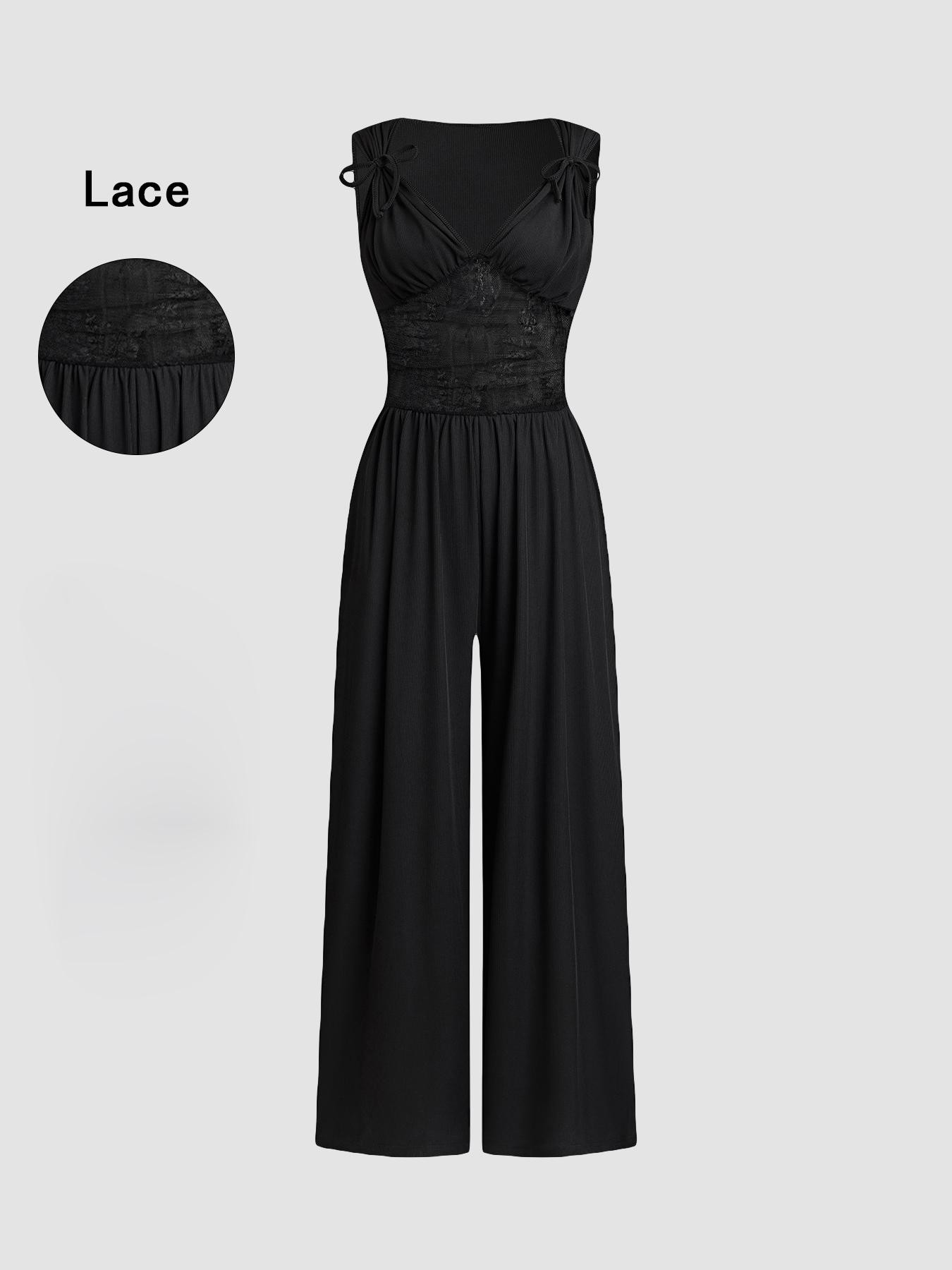 Women's Plain Ruched Deep V Neck Wide Leg Jumpsuit, Casual Sleeveless Ribbed Jumpsuit for Daily Wear, Ladies Clothes for All Seasons, Womenswear Basic Minimalist
