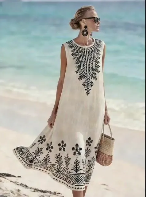 Women'S Round Neck Sleeveless Color-Block Printed Dress