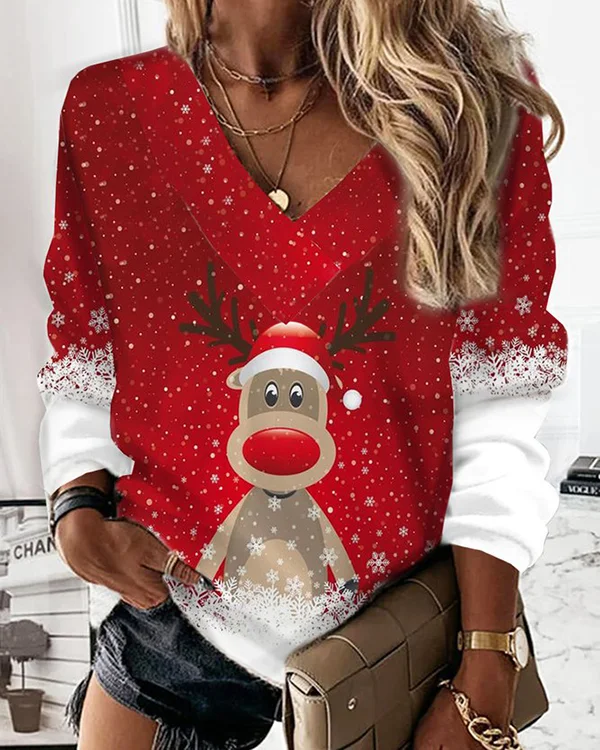 Loose V-neck Casual Christmas Fawn Printed Sweatshirts-
